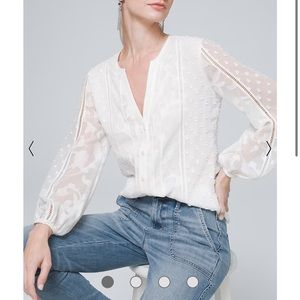 NWT White House Black Market Long Sleeve Mixed Fabric Front Blouse XXS Ecru